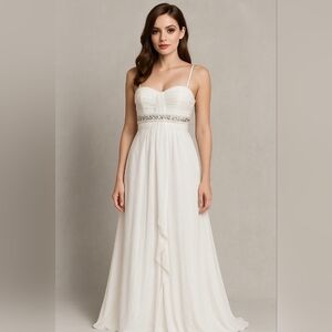 Rosita Creme White Beaded Pearls Ruffle Goddess Long Gown Dress Size 40 Euc